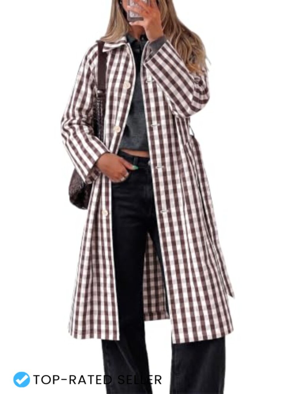 Tankaneo Womens Plaid Trench Coat Long Windproof Overcoat with Belt
